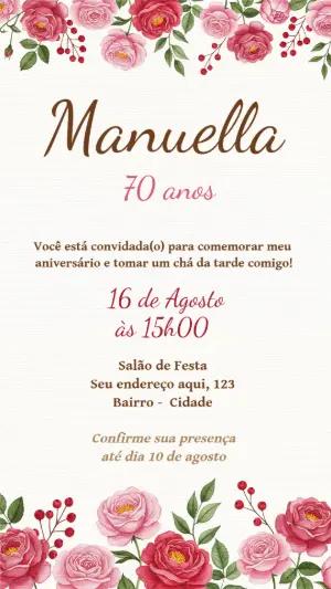 Convite de Aniversário Adulto Floral com Rosas Editável