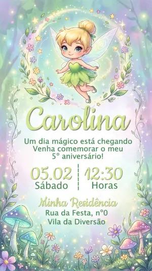 Convite de Aniversário Fada Sininho Floresta Mágica Editável