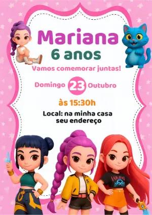 Convite de Aniversário Guerreiras do K-pop Rosa para Editar
