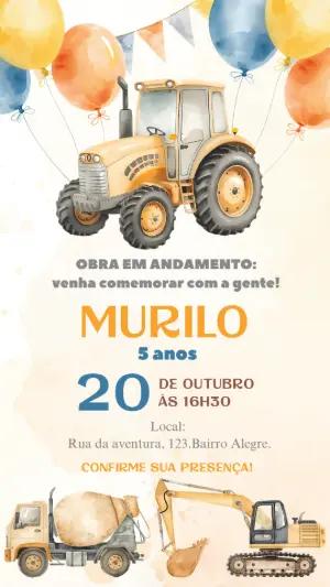 Convite de Aniversário Trator Construção Aquarela Editável