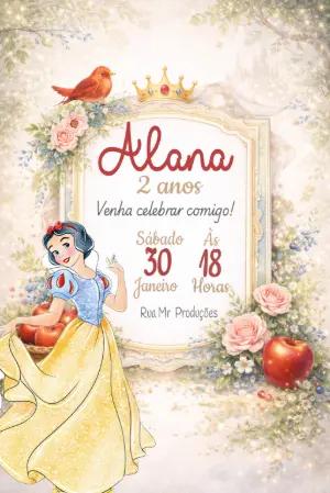 Convite Digital Branca de Neve Conto de Fadas Editável