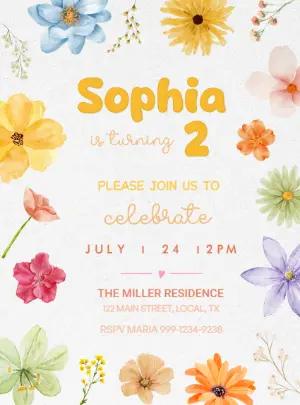 Watercolor Floral Birthday Invitation Editable Template