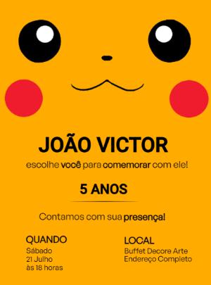 Convite de Aniversário Pikachu Pokemon para Editar Online