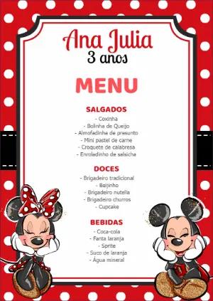 Cardápio de Aniversário Minnie Mouse Vermelha para Editar