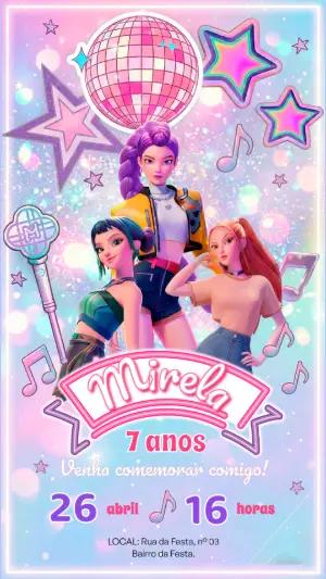 Convite de Aniversário Guerreiras do K-Pop Modelo Editável