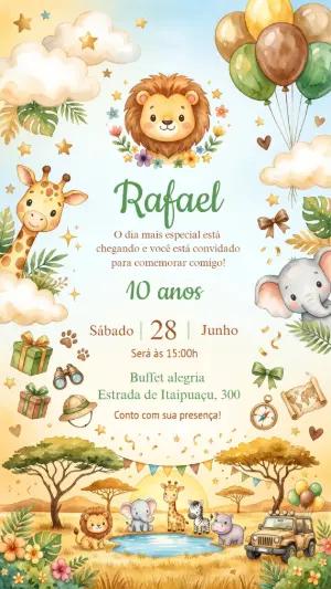 Convite de Aniversário Tema Safari Aquarela Editável