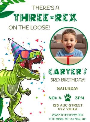 Editable Three-Rex Dinosaur Birthday Invitation Template