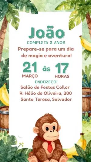 Convite de Aniversário Selva com Macaquinho Editável
