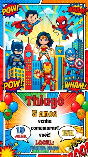 Convite de Aniversário Super Heróis Estilo Gibi para Editar