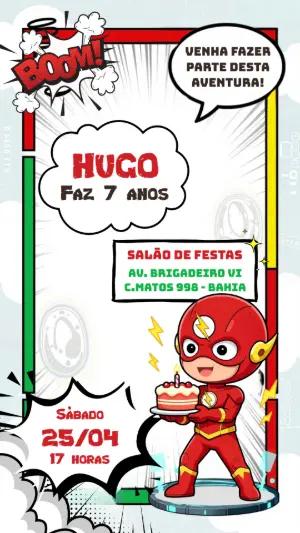 Convite de Aniversário Herói Flash Estilo Quadrinhos Editável