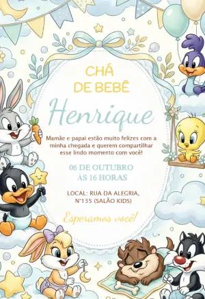 Convite Chá de Bebê Baby Looney Tunes Fofo para Editar