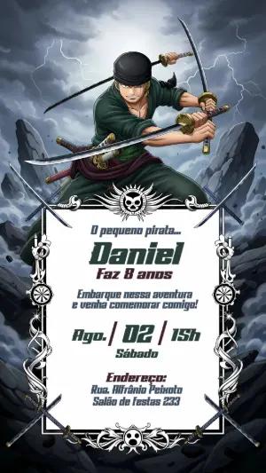 Convite Aniversário One Piece Zoro para Editar Online