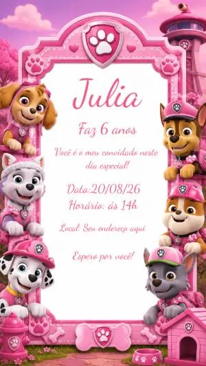 Convite de Aniversário Patrulha Canina Rosa Editável