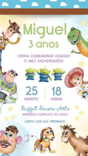 Convite de Aniversário Toy Story Aquarela para Editar