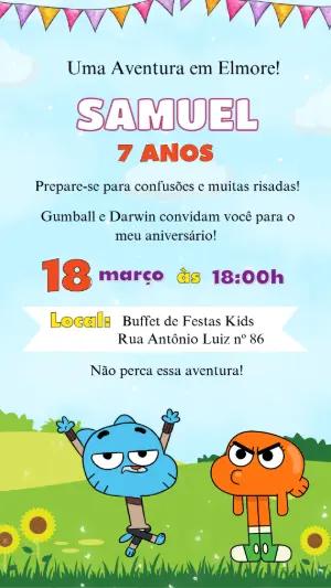 Convite de Aniversário Gumball e Darwin Colorido para Editar
