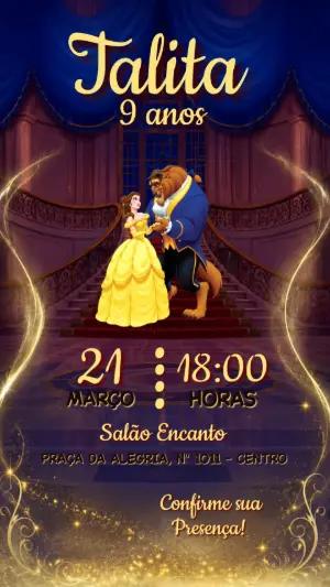 Convite de Aniversário A Bela e a Fera Digital para Editar