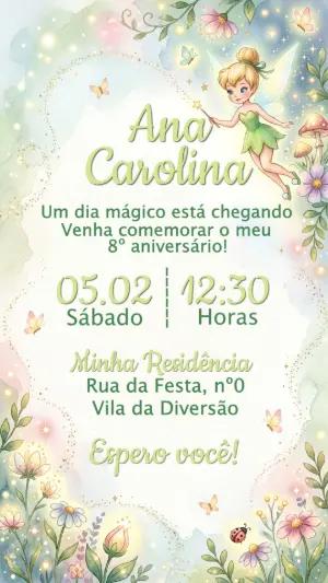 Convite de Aniversário Fada Sininho Aquarela Editável
