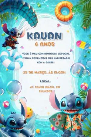 Convite Aniversário Stitch Verão para Editar Online