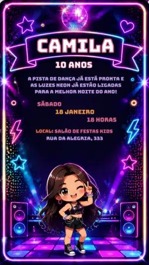 Convite de Aniversário Neon Chibi Editável para Festa