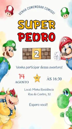 Convite de Aniversário Super Mario Aquarela para Editar