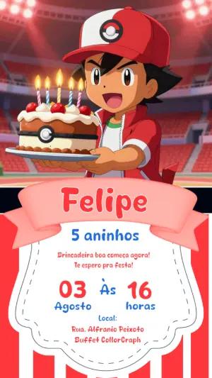 Convite de Aniversário Pokémon com Ash | Modelo Digital Editável