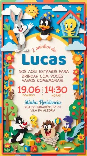 Convite de Aniversário Baby Looney Tunes Papercraft Editável