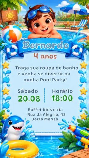 Convite de Aniversário Festa na Piscina Menino Editável