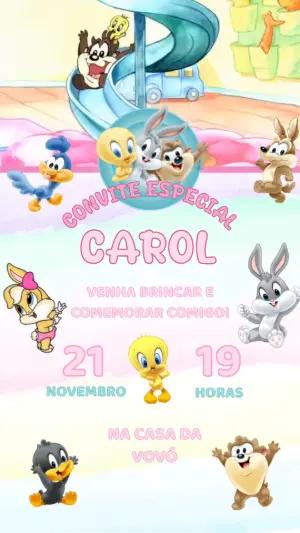 Convite Animado Aniversário Baby Looney Tunes para Editar