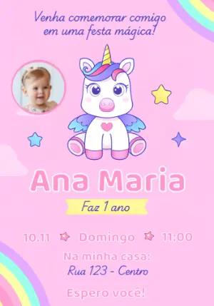Convite Aniversário Unicórnio com Foto para Editar Online