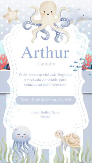 Convite Aniversário Fundo do Mar com Animais para Editar Online