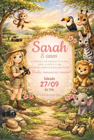 Convite de Aniversário Safari Menina com Animais Editável
