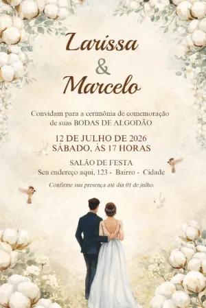 Convite Bodas de Algodão Rústico com Aquarela Editável