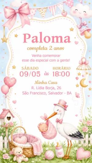 Convite de Aniversário Cegonha Aquarela para Editar