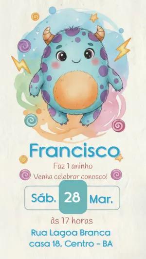 Convite de Aniversário Monstrinho Fofo em Aquarela Editável