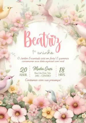 Convite de Aniversário Jardim Encantado com Pássaros Editável