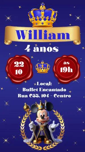 Convite de Aniversário Mickey Realeza Azul e Dourado Editável