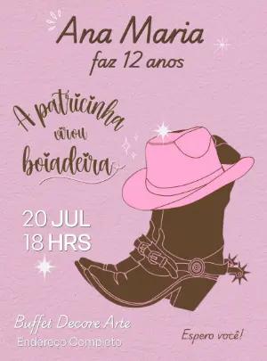 Convite de Aniversário Boiadeira Rosa para Editar Online