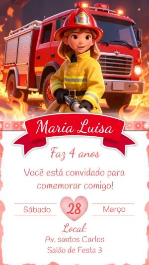 Convite de Aniversário Bombeira Infantil Modelo Editável