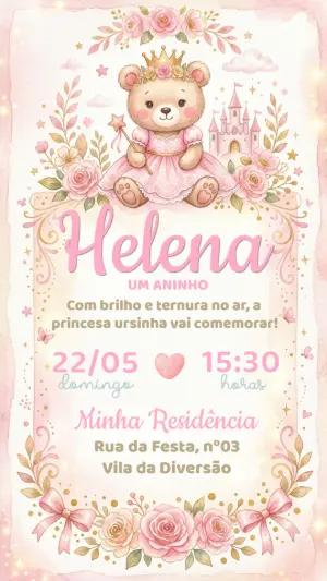 Convite Aniversário Ursinha Princesa Rosa Editável