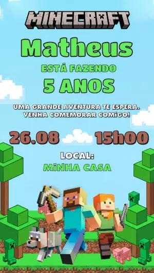 Convite de Aniversário Minecraft Editável para Festa Infantil