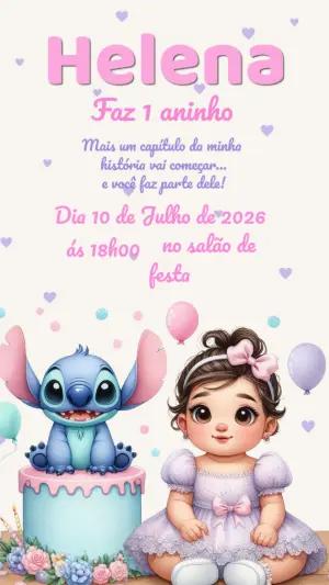 Convite Aniversário Stitch e Menina Fofa Modelo Editável