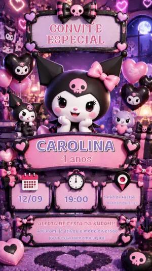 Convite de Aniversário Kuromi 3D Editável | Roxo e Preto