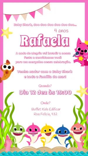 Convite de Aniversário Baby Shark Rosa Editável para Menina
