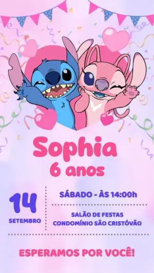 Convite Aniversário Stitch e Angel para Editar Online