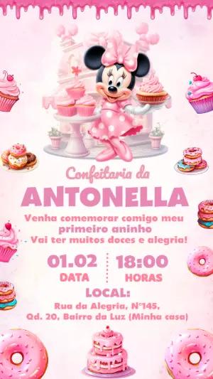 Convite de Aniversário Minnie Confeitaria Rosa para Editar