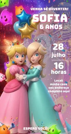 Convite Aniversário Princesas Peach e Rosalina Editável