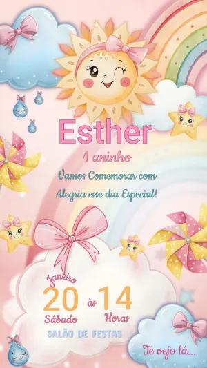 Convite de Aniversário Infantil Sol e Arco-íris Editável