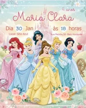 Convite de Aniversário Princesas Disney Delicado para Editar