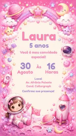 Convite de Aniversário Astronauta Menina Rosa Editável
