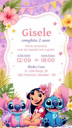 Convite de Aniversário Lilo e Stitch Aquarela para Editar